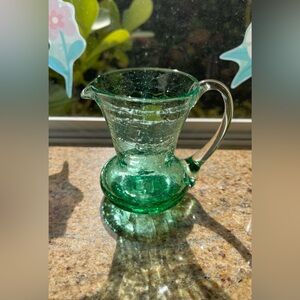 Vintage Hand-Blown Green Crackle Glass Mini Pitcher